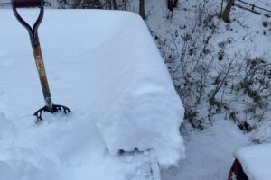 屋根の上からスコップを使って雪庇を切り落とす作業の様子。
