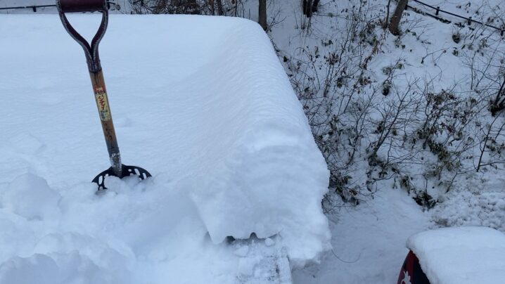 屋根の上からスコップを使って雪庇を切り落とす作業の様子。