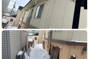 札幌市東区アパート、軒先にできた鋭い氷の雪庇とつららの様子