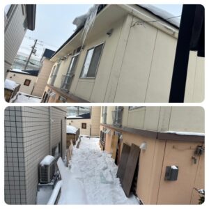札幌市東区アパート、軒先にできた鋭い氷の雪庇とつららの様子