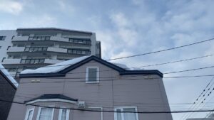 陸屋根の上に山形の傾斜屋根がある特殊な形状