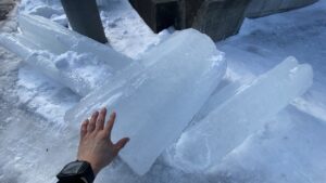 破壊した氷の塊と手を比較。その太さがよくわかる写真