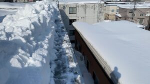 4階の高さから細かく雪を削り落としていく慎重な作業風景