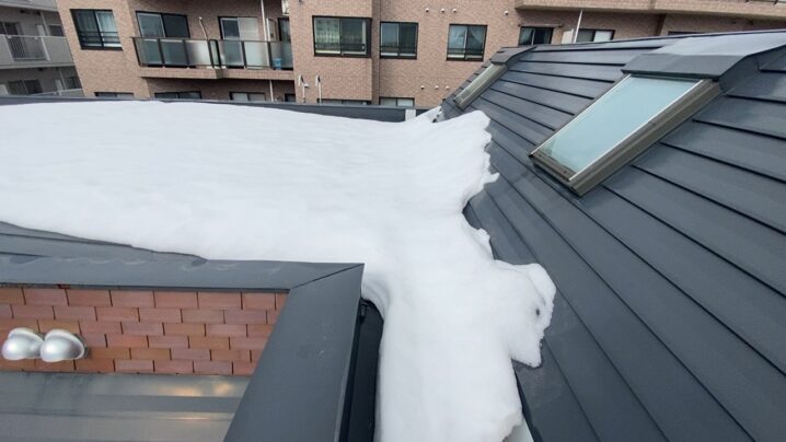 屋根に上がった直後の様子。雪解けは進んでいるが、まだかなりの雪が残っている