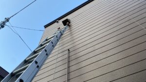 2階の高さにあるキッチンの換気フードに向かって、長く伸ばした2連ハシゴが真っ直ぐに立て掛けられている様子